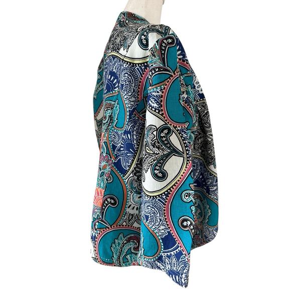 Chicos Paisley Linen Drape Jacket Size 1 US M Open Front 3/4 Sleeves Lagenlook - Picture 5 of 12